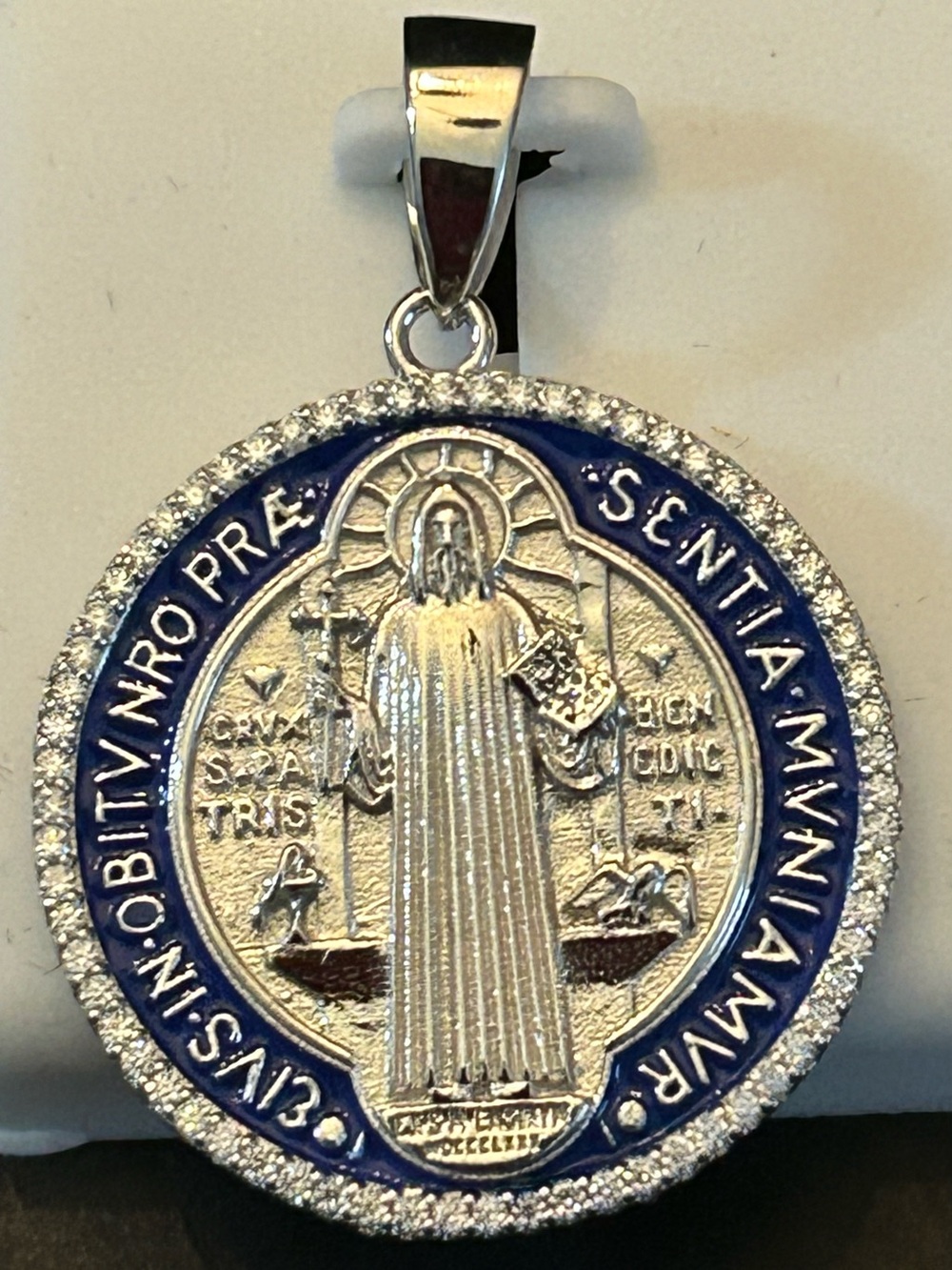 1.00CTW Moissanite Saint Benedict Medal Pendant 925 SSilver w/Blue & Red Enamel